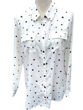 Kensie White Black Micro Heart Button Front Blouse Top (M)